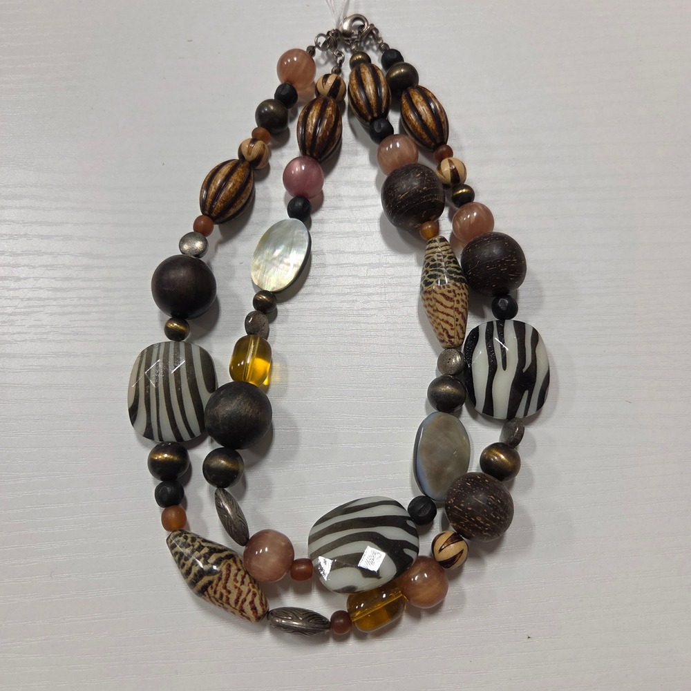Premier Designs Double Strand Beaded Necklace Zebra Wood Shell Statement Brown